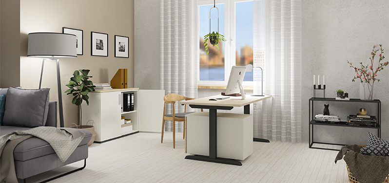Home Office Arbeitsplatz einrichten mit höhenverstellbaren Schreibtisch für Ergonomie | Hund Möbelwerke