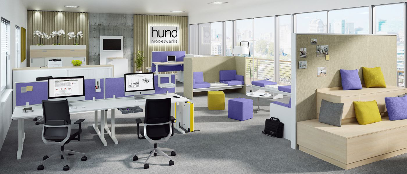 Visualisierung einer Bürolandschaft mit der Farbe des Jahres 2022 Very Peri | Hund Möbelwerke